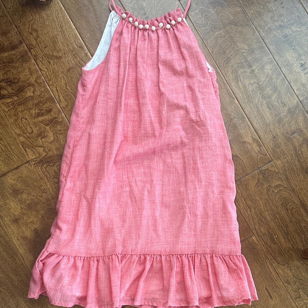 Charming Coral Kids Casual Dress with Beaded Neckline